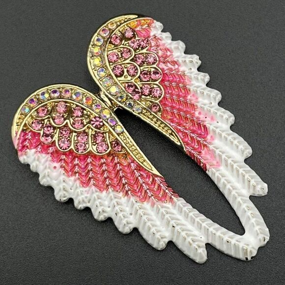 Yellow Gold with Pink Sapphire and AB Crystal Enamel Angel Wing Pin Back Brooch - Picture 1 of 9